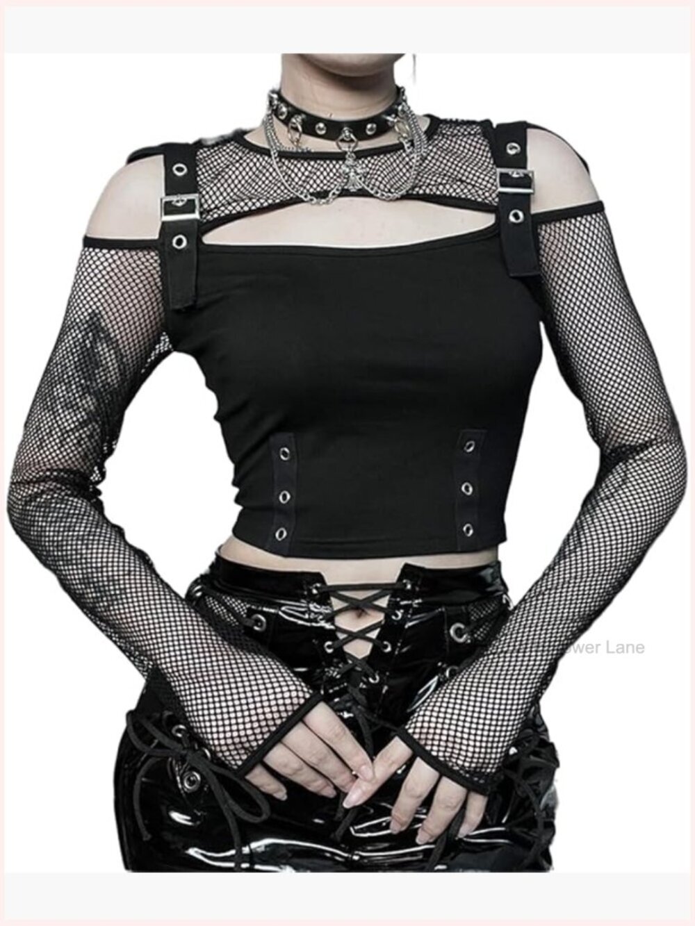 Gothic Fishnet Crop Top Long Sleeve Mesh Tee Y2k Streetwear Rave Shirt
